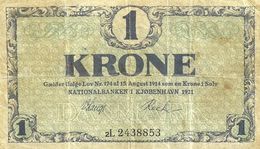 DENMARK 1 KRONE BLUE MOTIF FRONT CROWN SHIELD BACK DATED 1921 P12 F+ READ DESCRIPTION !! - Dinamarca