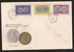J) 1965 CUBA-ARIBE, 50th ANNIVERSARY OF THE CURRENCY, MULTIPLE STAMPS, SET OF 2 FDC - Lettres & Documents