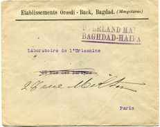 IRAQ LETTRE AVEC GRIFFE VIOLETTE "OVERLAND MAIL BAGHDAD - HAIFA" + AFFRANCHISSEMENT AU VERSO DEPART BAGHDAD 30 JUN 25... - Iraq