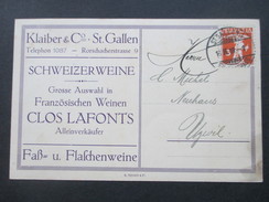 Schweiz 1918 Nr. 112 Type II EF Firmenpostkarte. Klaiber & Co St. Gallen. Schweizer Weine. Fassquittung. Closs Lafonts - Lettres & Documents