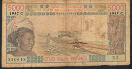 W.A.S. BURKINA FASO  P308Cj  5000 Francs 1987  Fine - États D'Afrique De L'Ouest