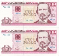 PAREJA CORRELATIVA DE CUBA DE 100 PESOS DEL AÑO 2014 DE CARLOS MANUEL DE CESPEDES EN CALIDAD EBC (XF) (BANKNOTE) - Kuba