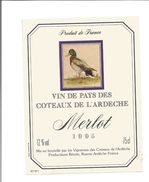 Etiquette De VIN " MERLOT - Vin De Pays Des Coteaux De L'Ardèche 1995 - Canard " - Eenden