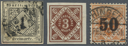 O/* Württemberg - Marken Und Briefe: 1851/1923, Lot Von Drei Marken: MiNr. 1 Gestempelt, 158 PU1 Ungebra - Andere & Zonder Classificatie