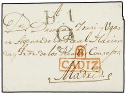 45 ESPAÑA: PREFILATELIA. 1828. VEJER A MADRID.Marca <B>B/CADIZ</B> En Rojo (nº 1). Magnífica Y RARA. - Other & Unclassified