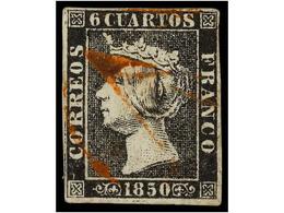 59 ° ESPAÑA. Ed.1. <B>6 Cuartos</B> Negro, Pl. I Mat. <B>AS</B> De REUS En Rojo. - Altri & Non Classificati