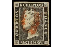 62 ° ESPAÑA. Ed.1. <B>6 Cuartos</B> Negro, Pl. I Mat. <B>O </B>en Rojo De Origen Desconocido. MUY RARO. Cert. COMEX. - Andere & Zonder Classificatie