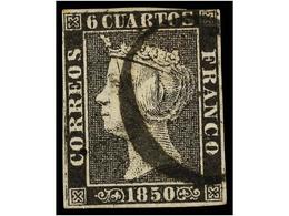 64 ° ESPAÑA. Ed.1. <B>6 Cuartos </B>negro, Pl. I Mat. <B>O </B>de CÁCERES<B> </B>en Negro. MAGNÍFICO Y RARO. - Altri & Non Classificati