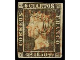 70 ° ESPAÑA. Ed.1A. <B>6 Cuartos</B> Negro, Pl. II Tipo 33, Mat. Prefilatélico<B> DE GIBR./S. ROQUE/AND BAXA</B> En Rojo - Altri & Non Classificati