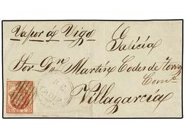 142 ESPAÑA. Ed.33. 1854. FRONTAL. CÁDIZ A VILLAGARCÍA. Circulada Por El Correo Inglés. Manuscrito 'Vapor De Vigo'. Marca - Other & Unclassified