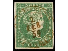 158 ° ESPAÑA. Ed.47. <B>2 Cuartos</B> Verde, Mat. Fechador De<B> GARRACHICO/CANARIAS</B> Muy Gastado Con La Fecha Manusc - Altri & Non Classificati