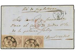 169 ESPAÑA. Ed.56(4). 1864. MASNOU A URUGUAY. <B>2 Reales</B> Lila, Tira De Cuatro. Carta Depositada Al Correo En Barcel - Other & Unclassified