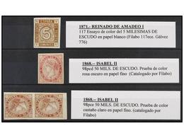 217 ESPAÑA. 1868-71. <B>ENSAYOS DE COLOR. 50 Mils.</B> Rosa, <B>50 Mils.</B> Castaño Rojo (parejas) Y <B>5 Cts.</B> Cast - Other & Unclassified