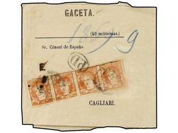 224 ESPAÑA. Ed.105(4). 1870. MADRID A LIVORNO. FAJA DE PRENSA Completa De LA GACETA, Franqueada Con Una Tira De Cuatro D - Autres & Non Classés