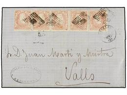 225 ESPAÑA. Ed.105 (5). 1871. BARCELONA A VALLS. <B>10 Mils.</B> Rosa, Tira De Cinco. Espectacular Y Raro Franqueo Para  - Autres & Non Classés