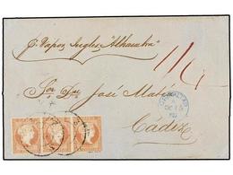 360 ESPAÑA. Ed.48 (3). 1858. GIBRALTAR A CÁDIZ. <B>4 Cuartos</B> Rojo Tira De Tres. Mat. <B>R.C. 3</B> De Cádiz Estampad - Autres & Non Classés