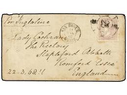 372 ESPAÑA. Ed.92. 1868. GIBRALTAR A INGLATERRA. <B>20 Cts.</B> Lila, Mat.<B> R.C. 63</B> Y Fechador <B>SAN ROQUE/CADIZ< - Autres & Non Classés