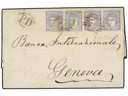 376 ESPAÑA. Ed.107 (4). 1871. GIBRALTAR A GÉNOVA (Italia). <B>50 Mils.</B> Azul Tira De Cuatro. Mat. <B>parrilla 1 </B>d - Autres & Non Classés