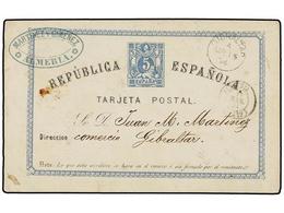 388 ESPAÑA. 1874. ALMERÍA A GIBRALTAR. Entero Postal De <B>5 Cts.</B> Azul (Ed. 1). Fechador De Llegada En Anverso. RARA - Otros & Sin Clasificación