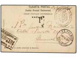 397 ESPAÑA. 1907. LAS PALMAS A BUENOS AIRES. Tarjeta Postal Circulada Sin Sellos. Manuscirto <I>'NO HAY SELLOS' </I>y Ma - Otros & Sin Clasificación