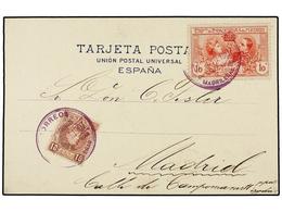 418 ESPAÑA. Ed.SR 1, 243. 1907. MADRID Correo Interior. Tarjeta Postal Con Sello De <B>10 Cts. </B>rojo Y Sello De <B>10 - Autres & Non Classés