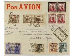 940 ESPAÑA E. LOCALES PATRIOTICAS: SANTA CRUZ DE TENERIFE. Ed.20hphi, 18 (4), 20. 1938. LAS PALMAS A PARÍS. Precioso Fra - Otros & Sin Clasificación