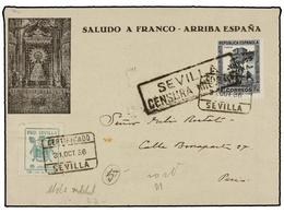 945 ESPAÑA E. LOCALES PATRIOTICAS: SEVILLA. Ed.13hi. 1936. SEVILLA A PARÍS. <B>1 Pta.</B> Negro<B> HABILITACIÓN INVERTID - Otros & Sin Clasificación