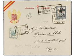 947 ESPAÑA E. LOCALES PATRIOTICAS: SEVILLA. Ed.13hcc. 1936. SEVILLA A PARÍS. <B>1 Pta.</B> Negro<B> HABILITACIÓN EN ROJO - Sonstige & Ohne Zuordnung