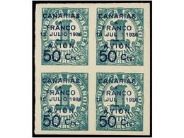 982 * ESPAÑA: CANARIAS. Ed.11a + 11. <B>50 Cts. S. 1 Cto.</B> Verde. Bloque De Cuatro, Dos Sellos <B>SIN 'IO'</B> En <B> - Autres & Non Classés