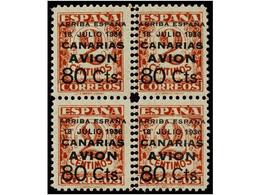 990 * ESPAÑA: CANARIAS. Ed.21. <B>80 Cts. S. 2 Cts.</B> Castaño Rojo. Bloque De Cuatro<B> DENTADO VERTICAL DOBLE.</B> MU - Autres & Non Classés