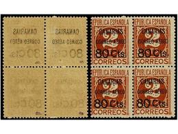 998 **/* ESPAÑA: CANARIAS. Ed.24. <B>80 Cts. S. 2 Cts.</B> Castaño. Bloque De Cuatro, Dos Sellos <B>HABILITACIÓN CALCADA - Otros & Sin Clasificación