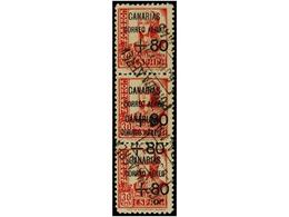 1001 ° ESPAÑA: CANARIAS. Ed.28hhx. <B>80 Cts. 30 Cts.</B> Carmín. Tira Vertical De Tres <B>SOBRECARGA DOBLE, </B>desplaz - Andere & Zonder Classificatie