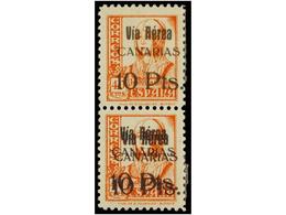 1035 * ESPAÑA: CANARIAS. Ed.49hha. <B>10 Pts. S. 40 Cts.</B> Naranja. Pareja Vertical, Sello Inferior <B>SOBRECARGA DOBL - Otros & Sin Clasificación