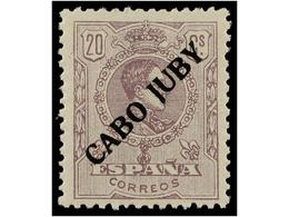 1202 ** COLONIAS ESPAÑOLAS: CABO JUBY. Ed.NE 1hp. <B>20 Cts.</B> Lila<B> NO EMITIDO, </B>variedad <B>'J' ROTA.</B> Rarís - Otros & Sin Clasificación