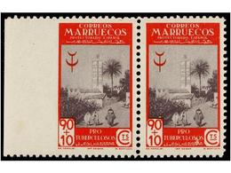 1252 ** MARRUECOS. Ed.274. <B>90 + 10 Cts.</B> Rojo Y Violeta. Pareja, Un Sello <B>SIN DENTAR MARGEN IZQUIERDO. </B>Rarí - Andere & Zonder Classificatie