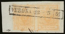 LOMBARDY VENETIA  1850 5c Yellow (first Printing) Mi 1Xc, Pair (one Just Cut Into At Foot), Tied To Piece By Full Boxed  - Autres & Non Classés