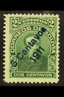 1911  5c On 2c Green SURCHARGE IN BLUE Variety (Scott 95d, SG 127c), Fine Mint, Expertized A.Roig, Very Fresh. For More  - Bolivië