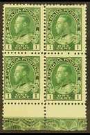 1911-25  1c Green Admiral (Unitrade 104) With Type B LATHEWORK In The Lower Sheet Margin Of A Never Hinged Mint BLOCK OF - Altri & Non Classificati