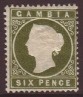 1886-93  6d Yellowish Olive-green, "Sloping Label" Variety, SG 32a, Fine Mint. For More Images, Please Visit Http://www. - Gambie (...-1964)