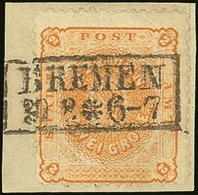 BREMEN  1866 2Gr Yellow Orange, Perf 13, Mi 10a Superb Used On Piece With Bremen 30.8.6 Cancel. For More Images, Please  - Sonstige & Ohne Zuordnung