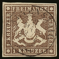 WURTTEMBERG  1859 1kr Deep Brown Imperf, Without Thread, Mi 11b, Superb Cds Used With Full Central Cancel. Cat €900 (£76 - Other & Unclassified