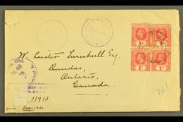 1925  (4 Nov) Registered Cover To Canada, Bearing 1912-24 1d Block Of 4 Cancelled By "Gilbert & Ellice Islands Colony" C - Isole Gilbert Ed Ellice (...-1979)