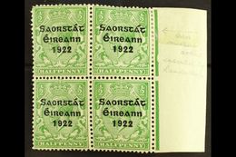 1922-23 SAORSTAT  ½d Green, Right Marginal Block Of Four, One Showing Accent Inserted By Hand, SG 52b, Fresh Mint. For M - Altri & Non Classificati