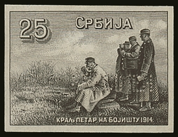 1915 IMPERF DIE PROOF  For The 25p 'King Petar On The Battlefield' Issue (as SG 179c) Recess Printed In Black On Thin Un - Serbien