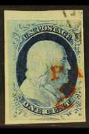 1851-57  1c Blue Franklin, Type IV, SG 11, Scott 9, On A Piece With Part Cds And Red "Paid 2" Mark, Good Margins. For Mo - Otros & Sin Clasificación