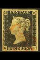 1840  1d Black 'QF' Plate 3, SG 2, Used With 4 Large Margins & Delicate Red MC Cancellation. For More Images, Please Vis - Non Classés