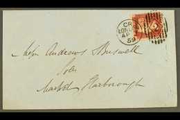 1859 CHARLES RIDEOUT MACHINE CANCEL  (April) Envelope To Market Harborough, With 1d Red Tied Fine Code CR Machine 2 Canc - Autres & Non Classés