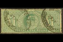 1902-10  £1 Dull Blue-green, SG 266, Fine Used With Registered Postmarks, With "DB" Commercial Perfin, Full Perfs, Cat £ - Unclassified