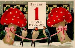 Pilz Vögel Neujahr  Prägedruck 1909 I-II Bonne Annee - Funghi