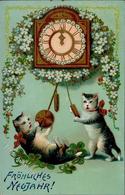 Katze Uhr Neujahr  Prägedruck 1911 I-II Bonne Annee Chat - Gatti